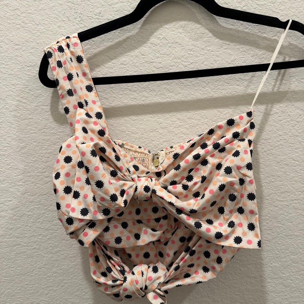 Maeve Anthropologie One Shoulder Sunburst Print Bow Crop Top Pink Orange 2P
